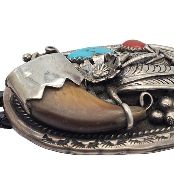 Sterling Silver Turquoise Stone Bolo Tie 925 Vintage Lariat Necktie Leaf Signed - Picture 13 of 13